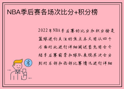 NBA季后赛各场次比分+积分榜